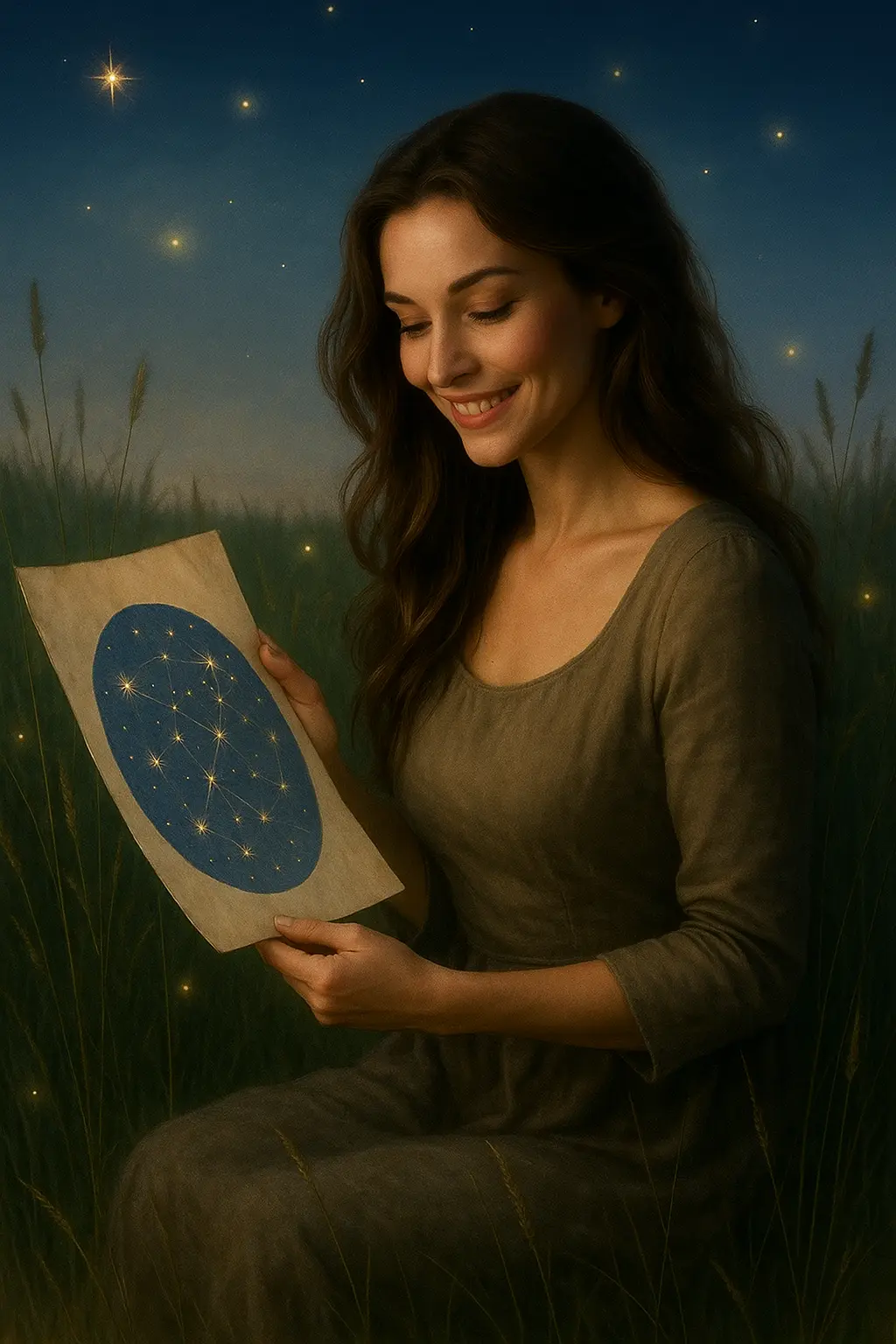 Una donna sorride guardando un tema natale sotto un cielo notturnostellato
