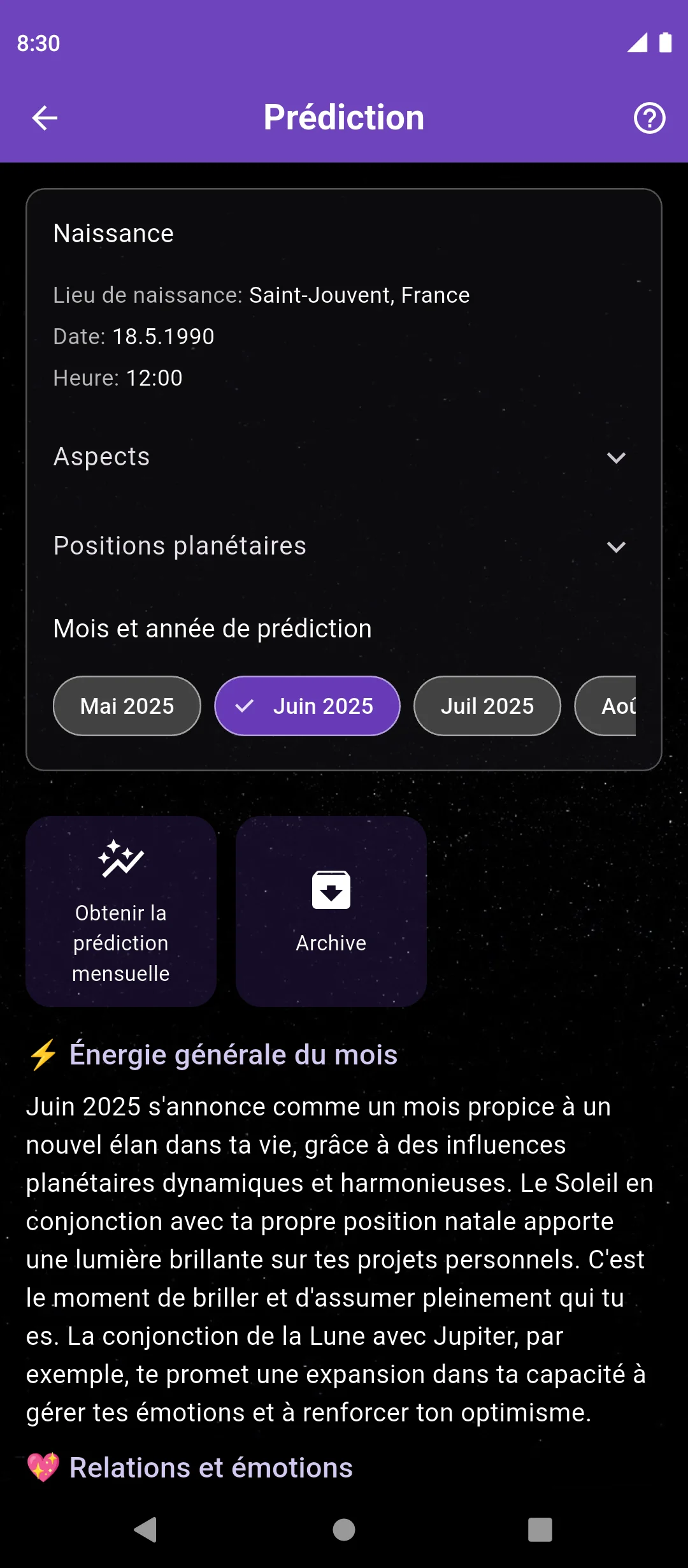 Écran des prévisions mensuelles